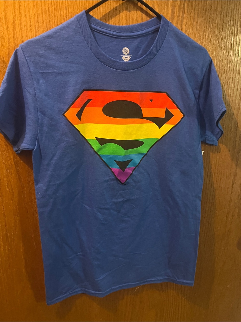 DC Comics Blue Short Sleeve Tee with Rainbow Superman Shield